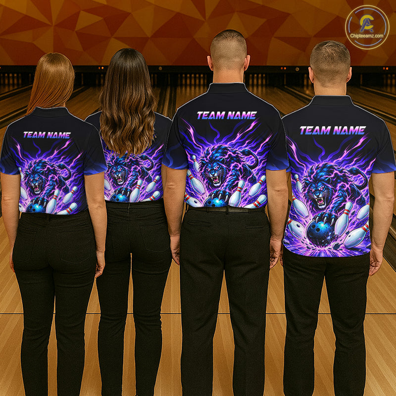 Custom Purple Flame Lion Bowling Team Shirts Bowling League Shirts Polo & 1/4 Zip