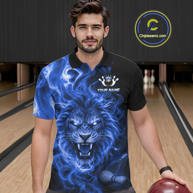 Custom Blue Smoke Lion Bowling Team Shirts Bowling League Shirts Polo & 1/4 Zip
