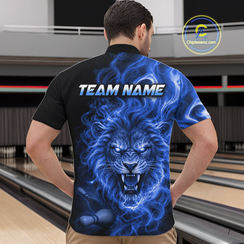 Custom Blue Smoke Lion Bowling Team Shirts Bowling League Shirts Polo & 1/4 Zip