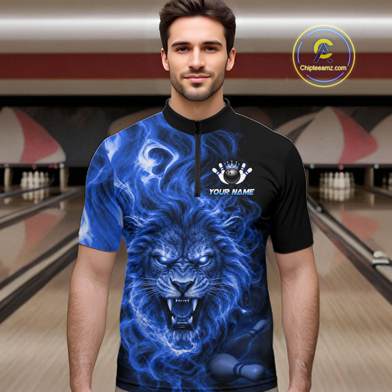 Custom Blue Smoke Lion Bowling Team Shirts Bowling League Shirts Polo & 1/4 Zip
