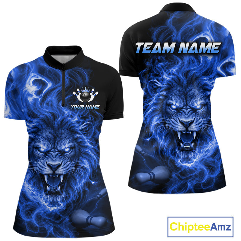 Custom Blue Smoke Lion Bowling Team Shirts Bowling League Shirts Polo & 1/4 Zip