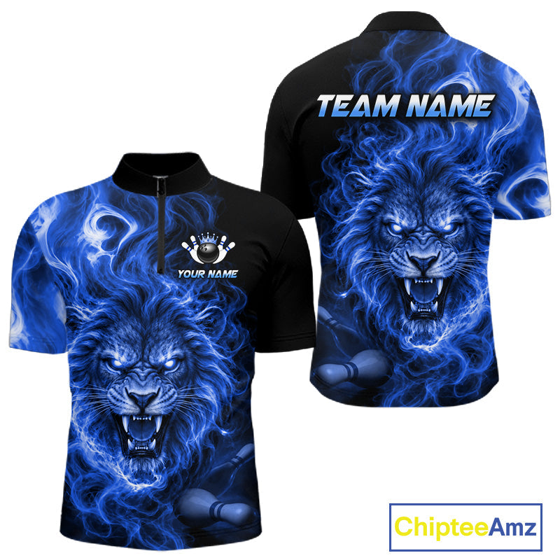 Custom Blue Smoke Lion Bowling Team Shirts Bowling League Shirts Polo & 1/4 Zip