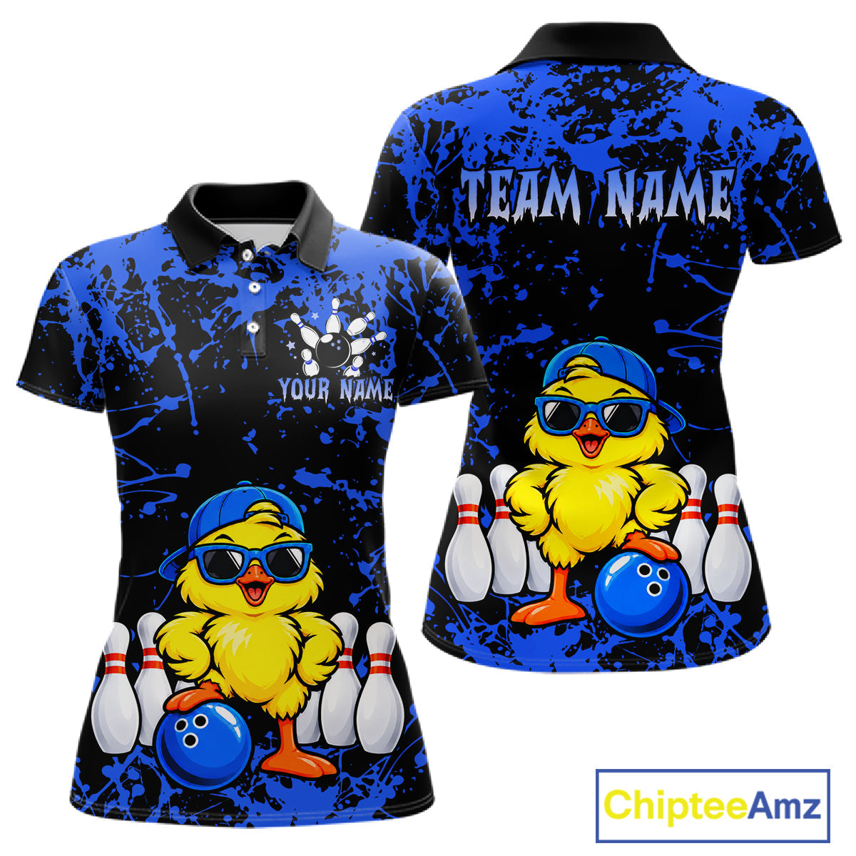 Custom Blue Funny Chick Bowling Team Shirts Chicken Bowling League Polo & 1/4 Zip