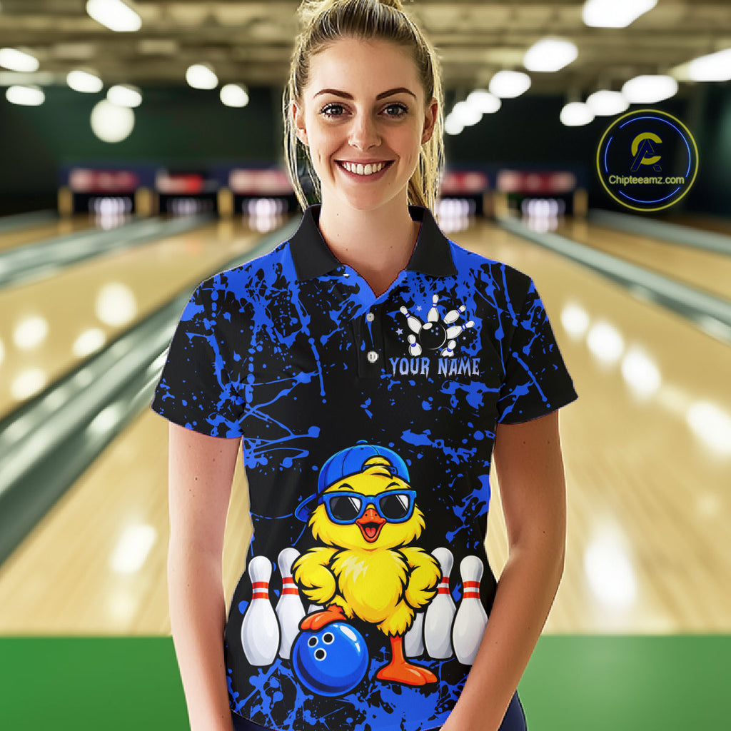 Custom Blue Funny Chick Bowling Team Shirts Chicken Bowling League Polo & 1/4 Zip