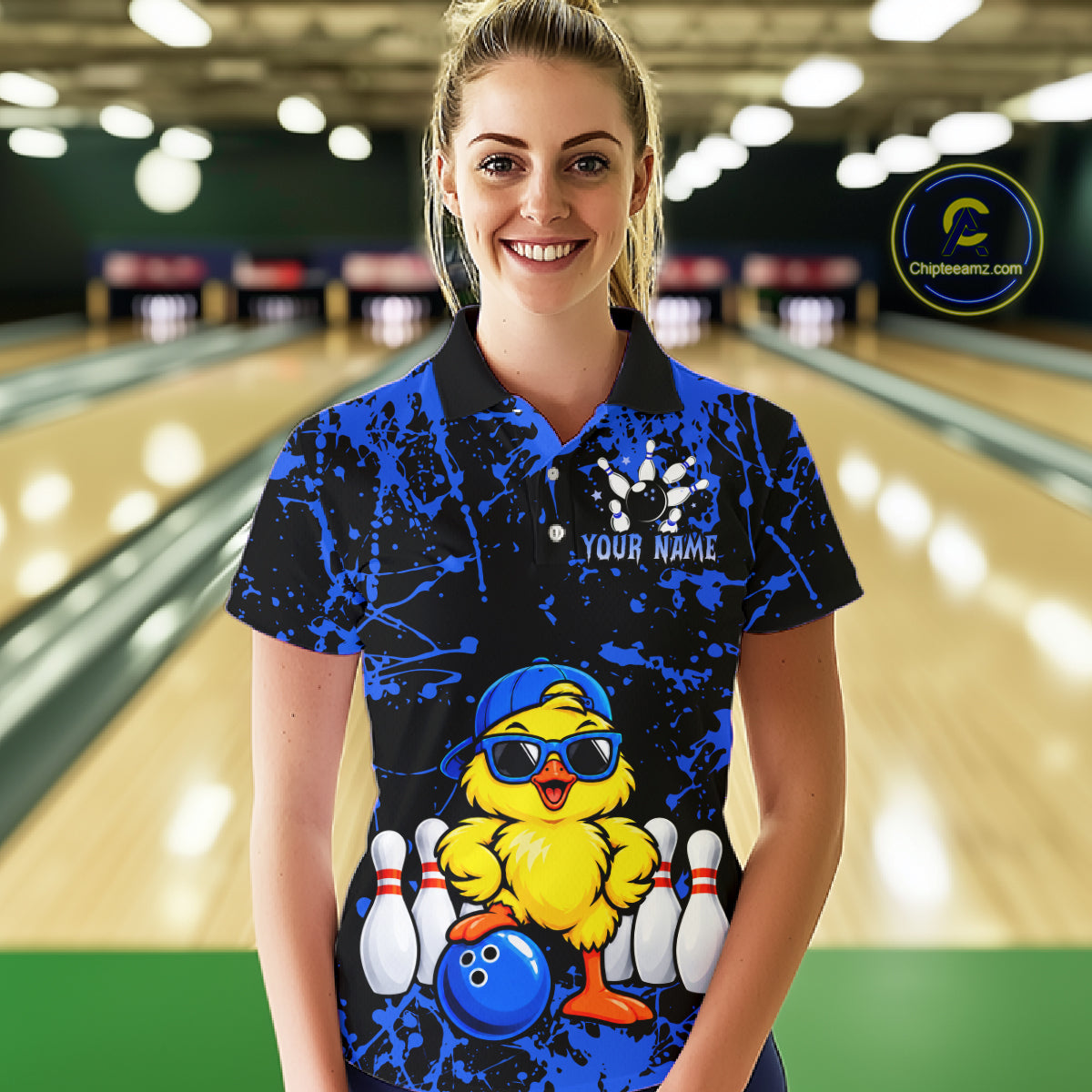 Custom Blue Funny Chick Bowling Team Shirts Chicken Bowling League Polo & 1/4 Zip