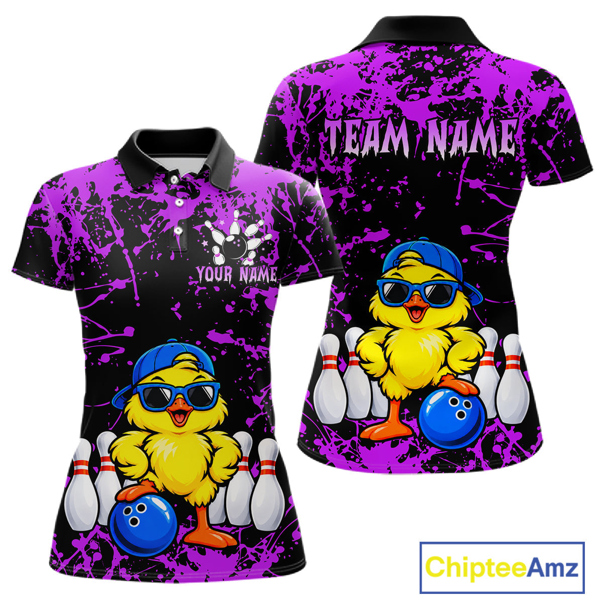 Custom Purple Funny Chick Bowling Team Shirts Chicken Bowling League Polo & 1/4 Zip