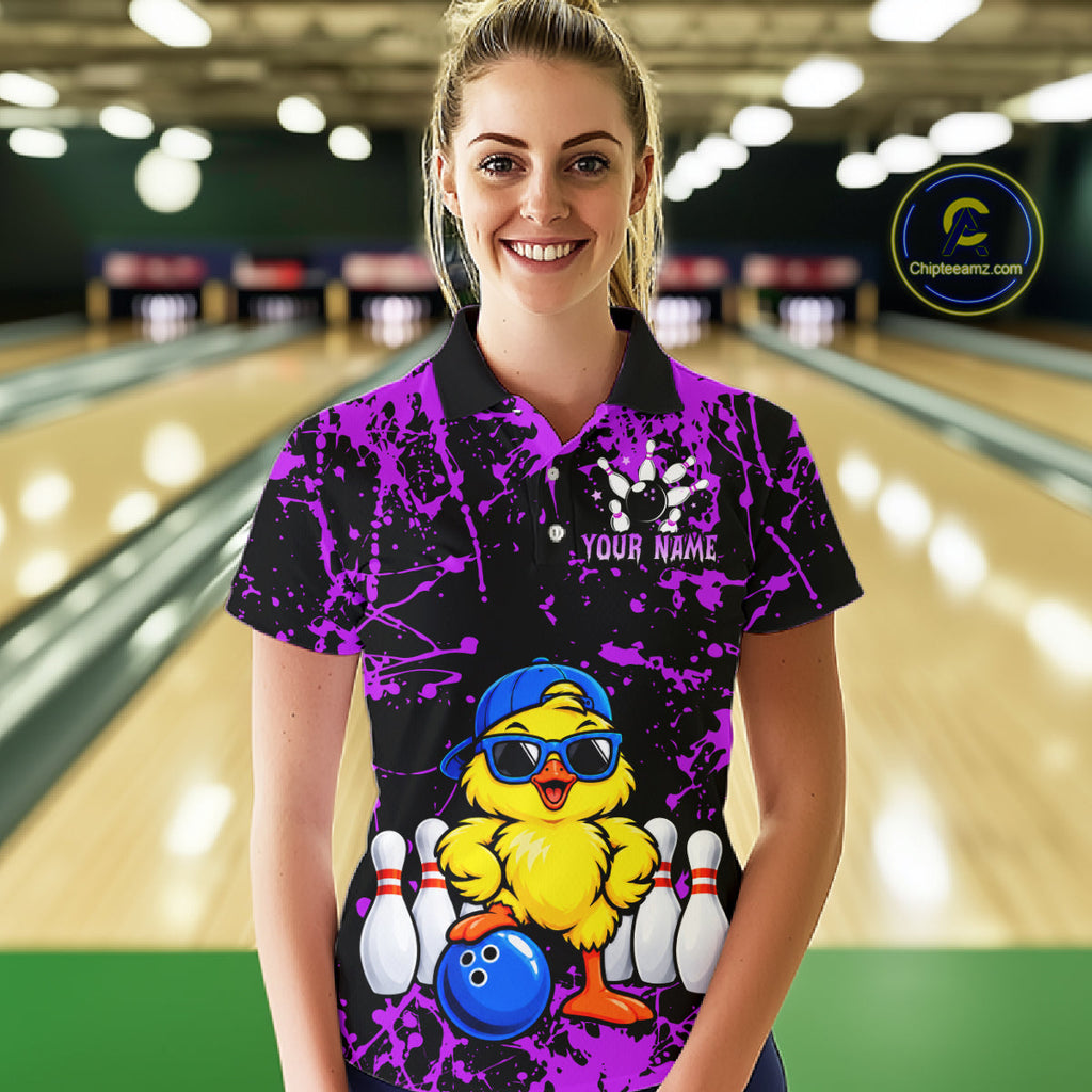 Custom Purple Funny Chick Bowling Team Shirts Chicken Bowling League Polo & 1/4 Zip