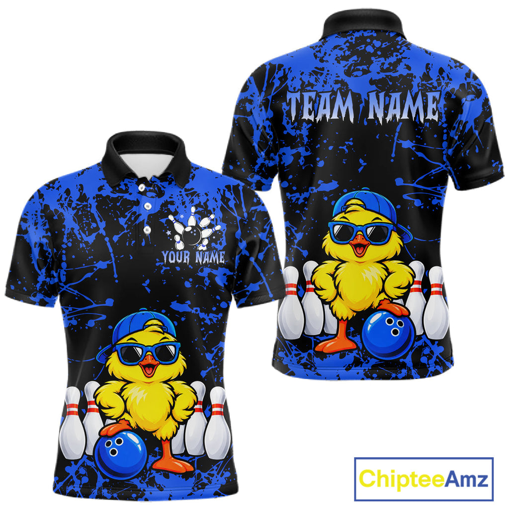 Custom Blue Funny Chick Bowling Team Shirts Chicken Bowling League Polo & 1/4 Zip