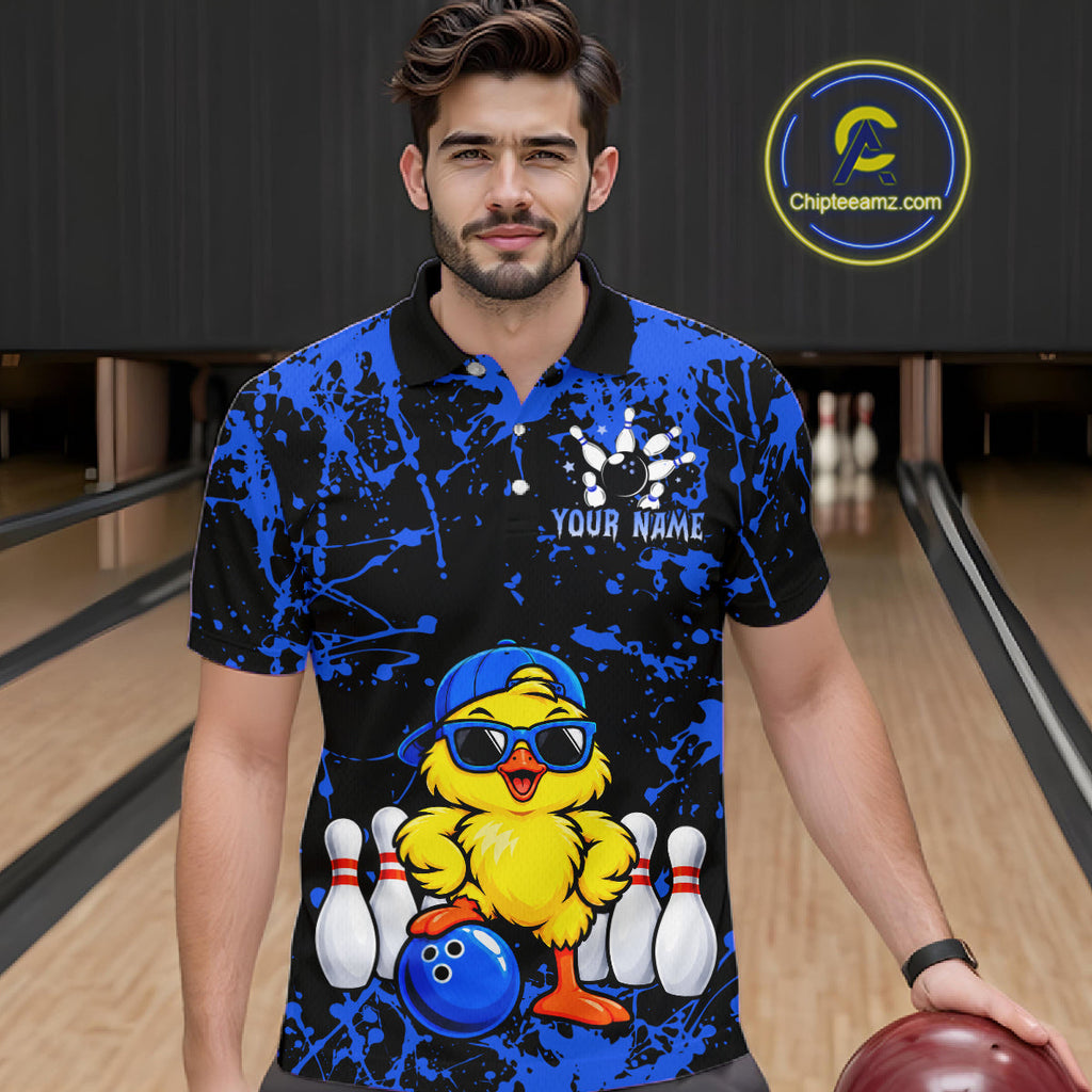 Custom Blue Funny Chick Bowling Team Shirts Chicken Bowling League Polo & 1/4 Zip