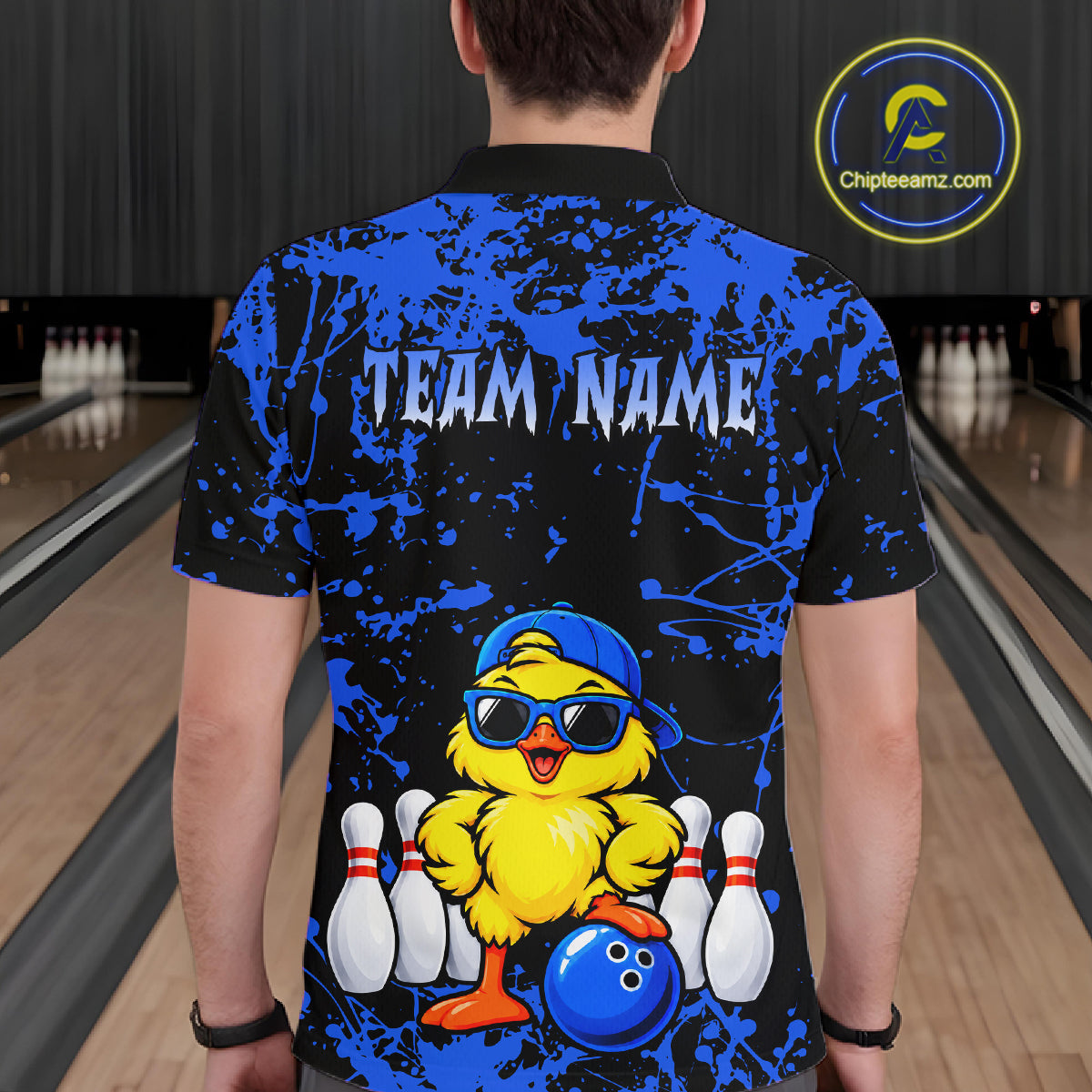 Custom Blue Funny Chick Bowling Team Shirts Chicken Bowling League Polo & 1/4 Zip