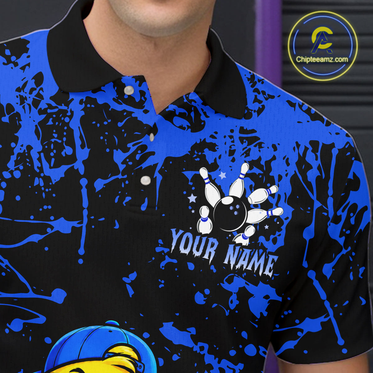 Custom Blue Funny Chick Bowling Team Shirts Chicken Bowling League Polo & 1/4 Zip