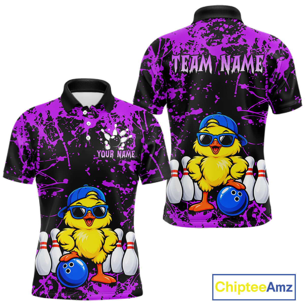 Custom Purple Funny Chick Bowling Team Shirts Chicken Bowling League Polo & 1/4 Zip