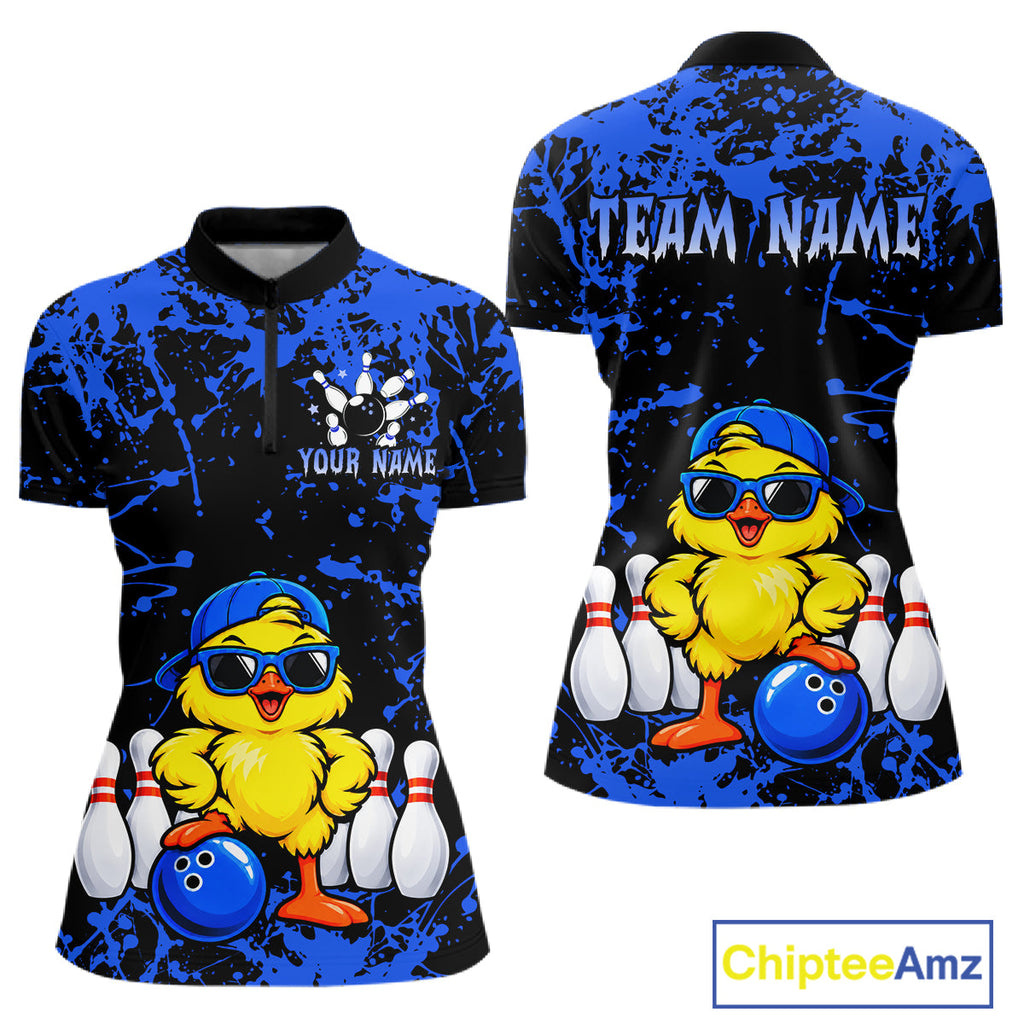 Custom Blue Funny Chick Bowling Team Shirts Chicken Bowling League Polo & 1/4 Zip