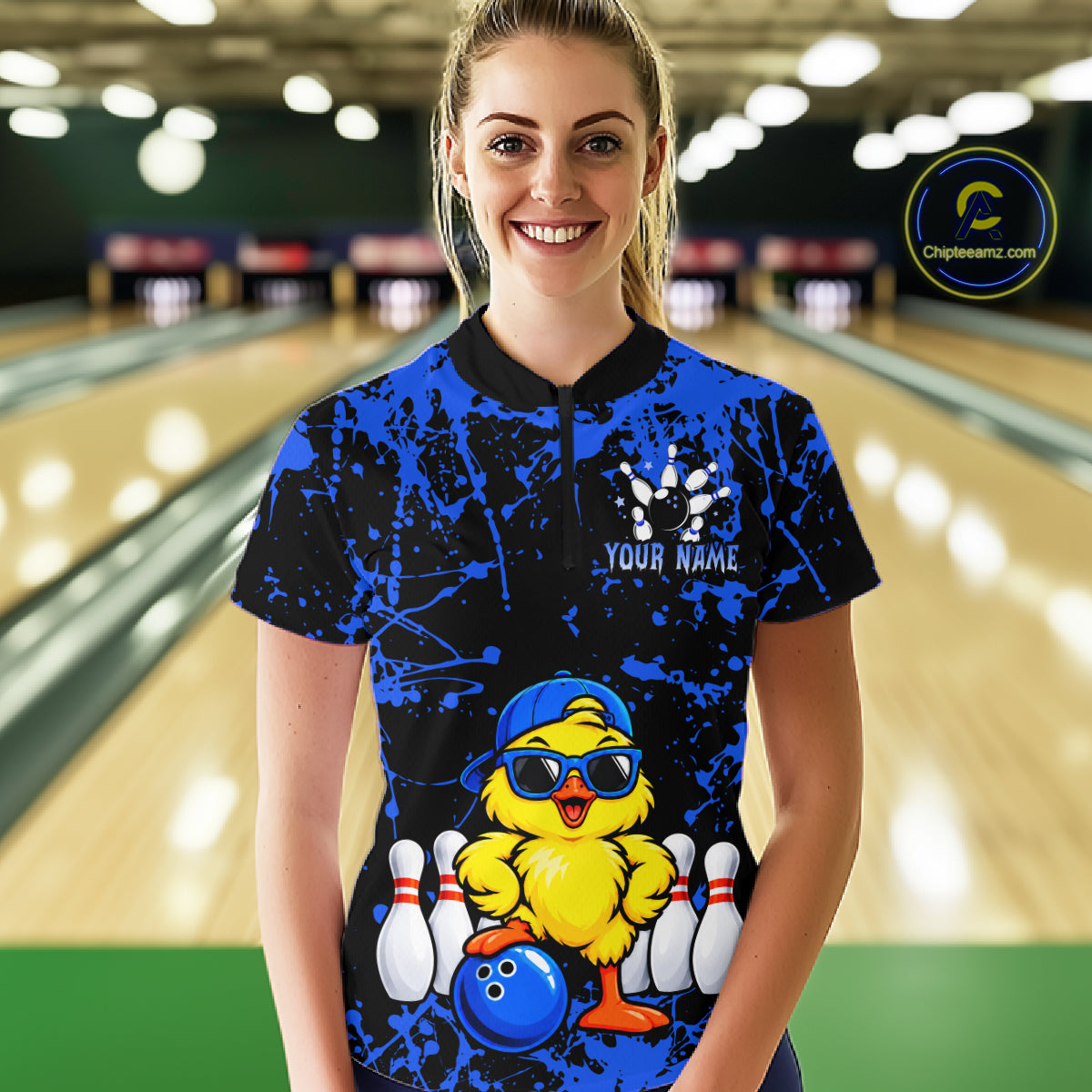 Custom Blue Funny Chick Bowling Team Shirts Chicken Bowling League Polo & 1/4 Zip