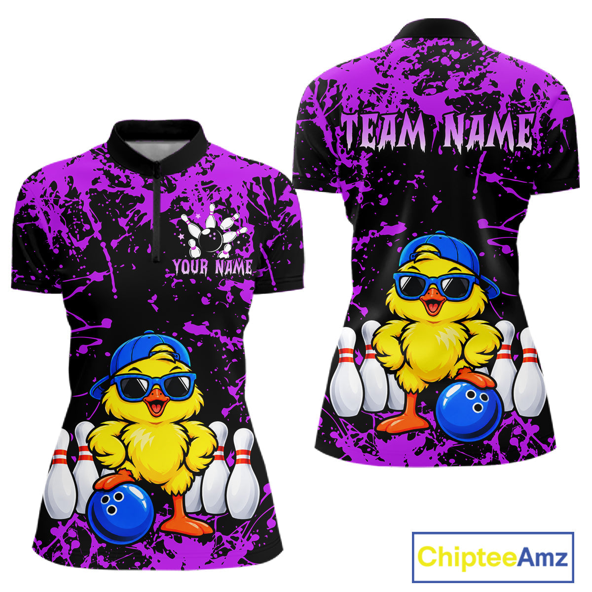 Custom Purple Funny Chick Bowling Team Shirts Chicken Bowling League Polo & 1/4 Zip