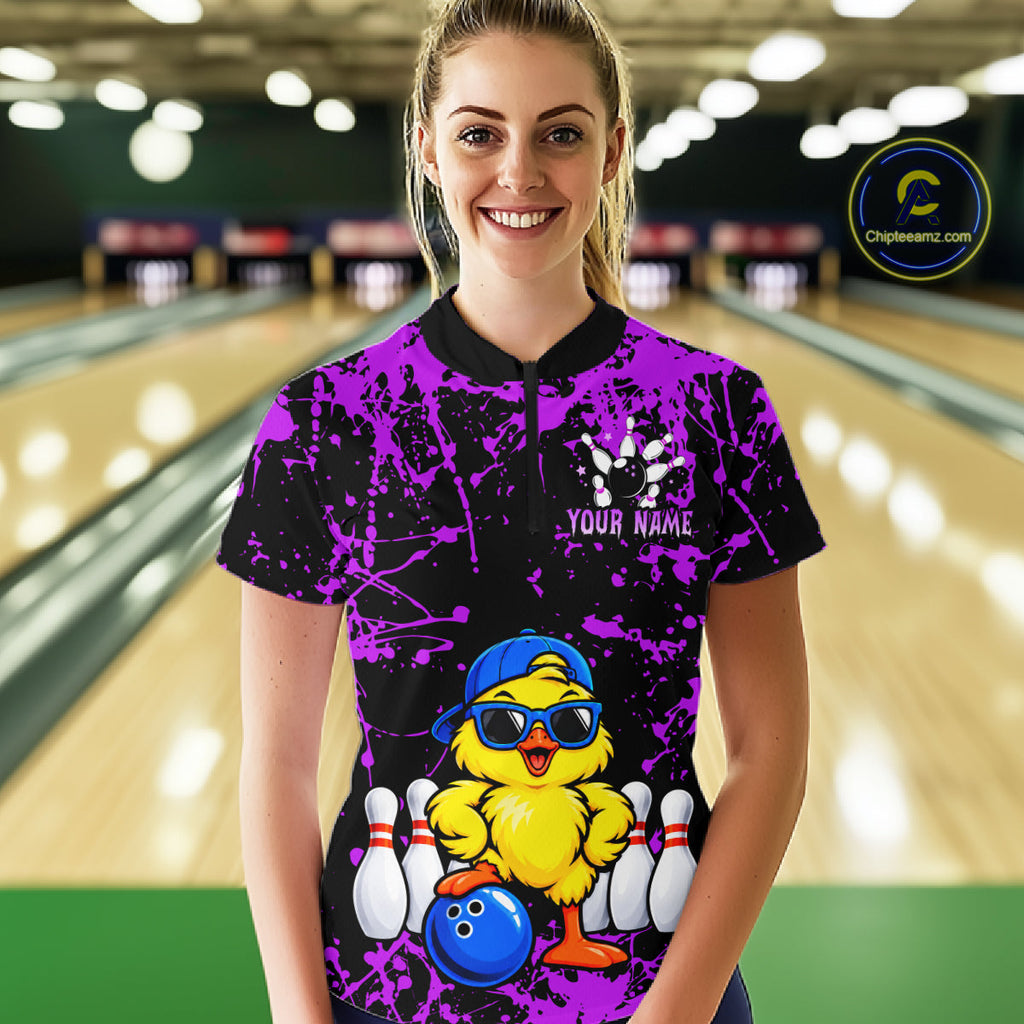 Custom Purple Funny Chick Bowling Team Shirts Chicken Bowling League Polo & 1/4 Zip