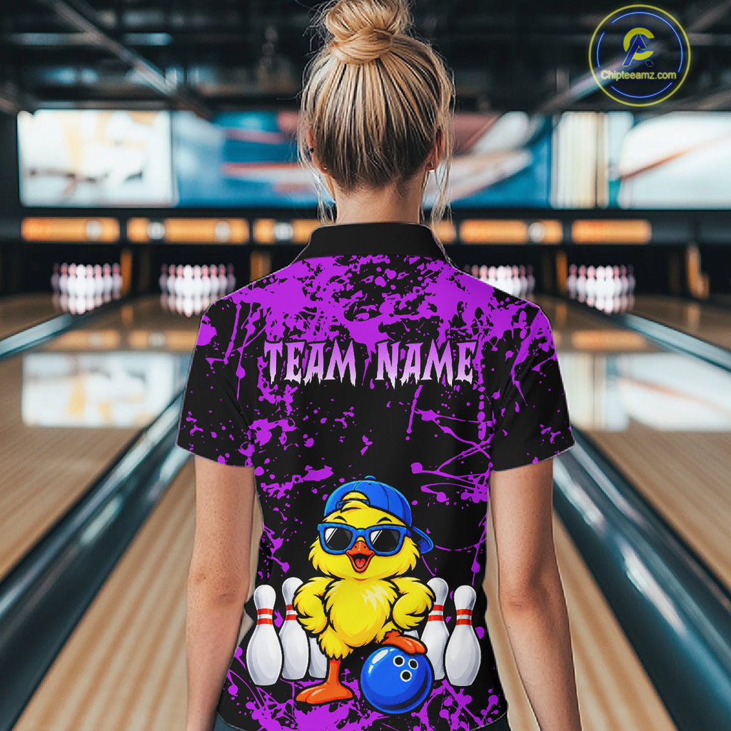 Custom Purple Funny Chick Bowling Team Shirts Chicken Bowling League Polo & 1/4 Zip