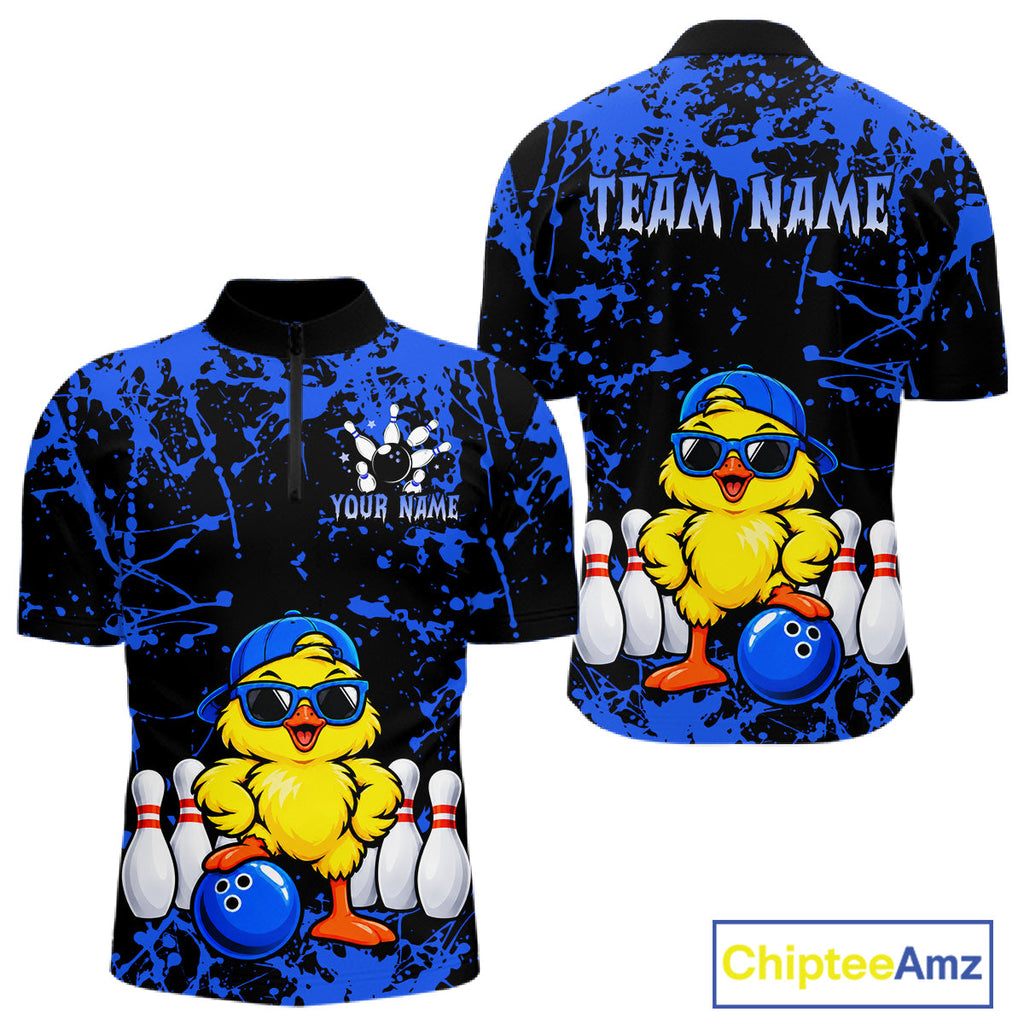 Custom Blue Funny Chick Bowling Team Shirts Chicken Bowling League Polo & 1/4 Zip