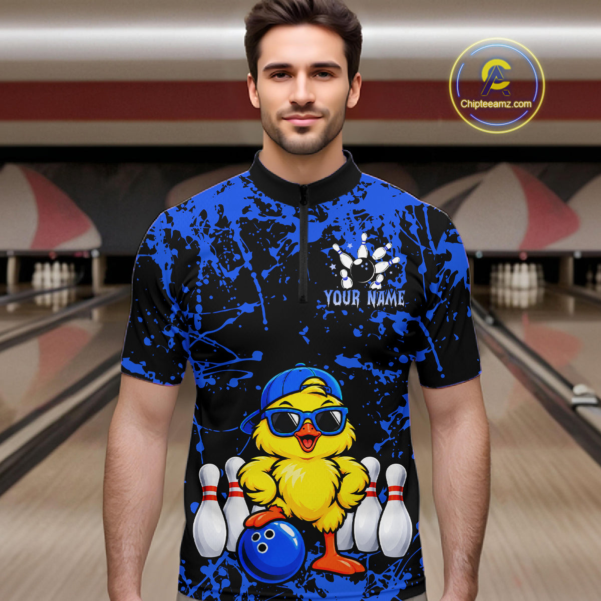 Custom Blue Funny Chick Bowling Team Shirts Chicken Bowling League Polo & 1/4 Zip