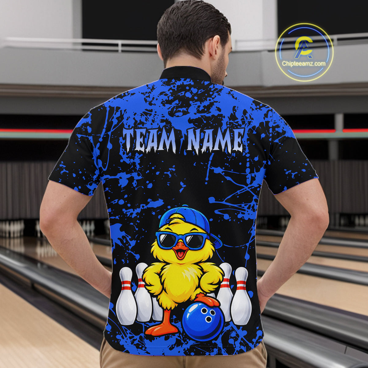 Custom Blue Funny Chick Bowling Team Shirts Chicken Bowling League Polo & 1/4 Zip