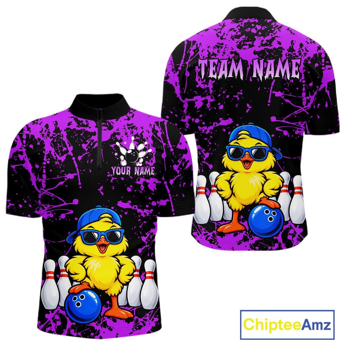 Custom Purple Funny Chick Bowling Team Shirts Chicken Bowling League Polo & 1/4 Zip