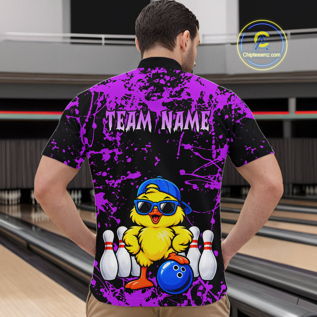 Custom Purple Funny Chick Bowling Team Shirts Chicken Bowling League Polo & 1/4 Zip