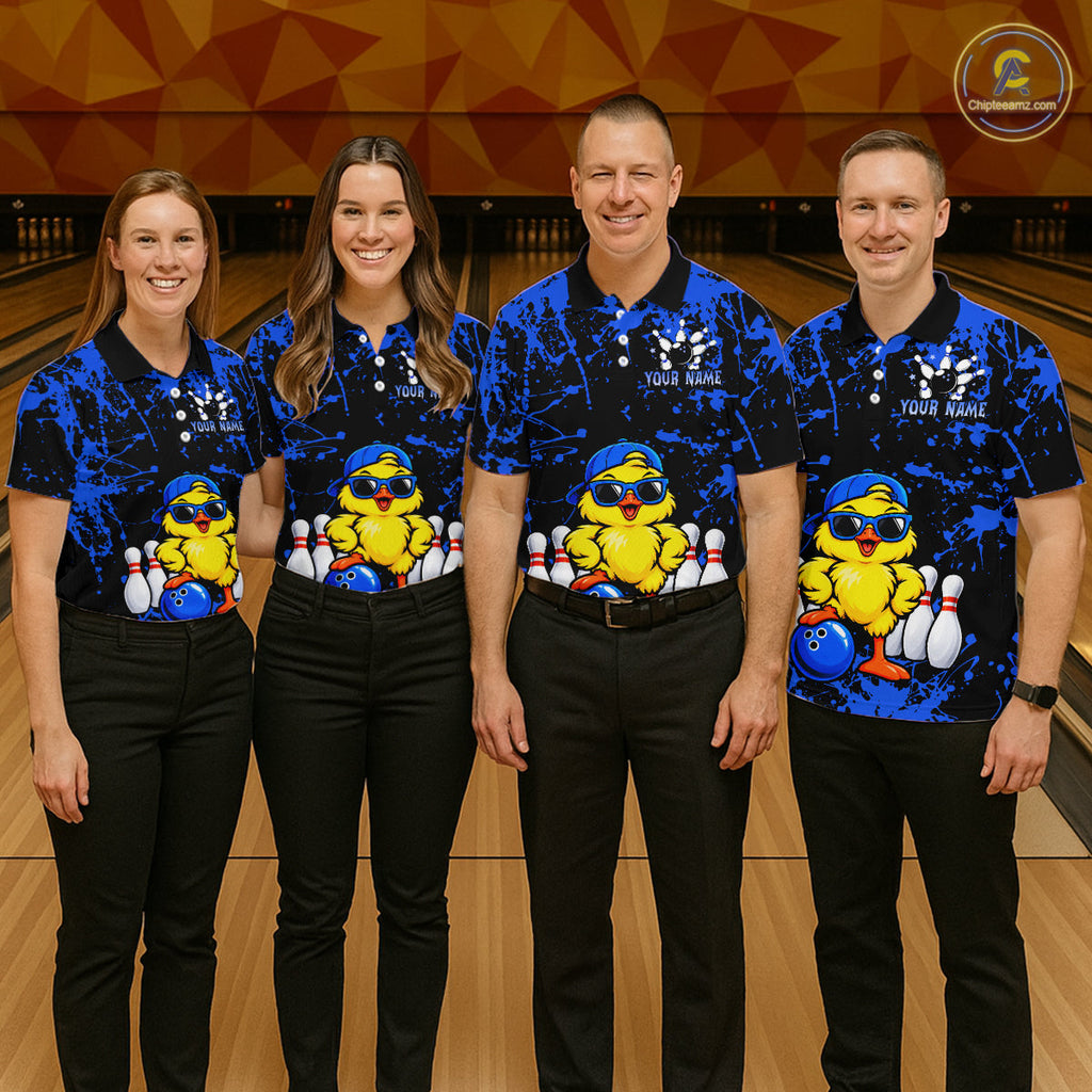 Custom Blue Funny Chick Bowling Team Shirts Chicken Bowling League Polo & 1/4 Zip
