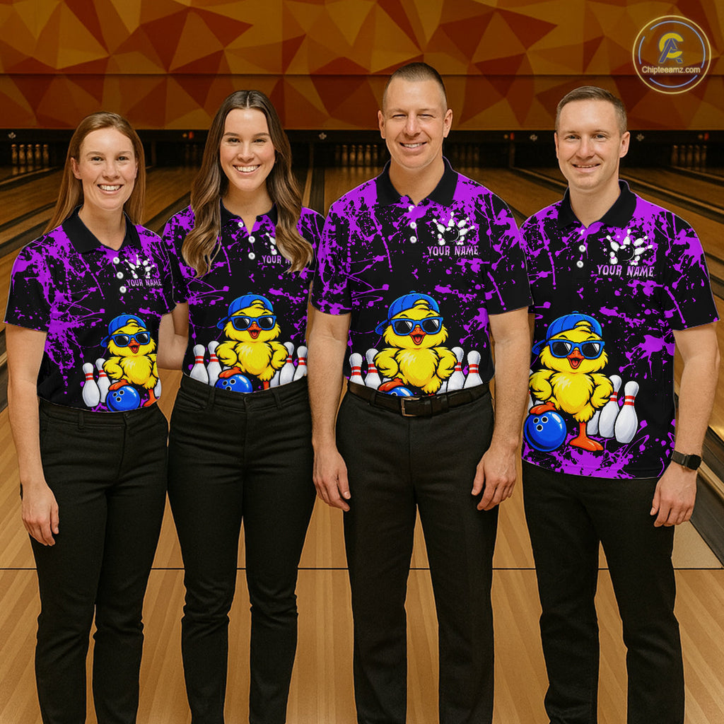 Custom Purple Funny Chick Bowling Team Shirts Chicken Bowling League Polo & 1/4 Zip