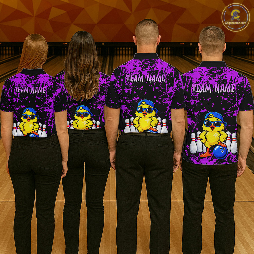 Custom Purple Funny Chick Bowling Team Shirts Chicken Bowling League Polo & 1/4 Zip