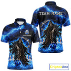 Custom Black and Blue Flame Grim Reaper Bowling Team Shirts Bowling Tournament