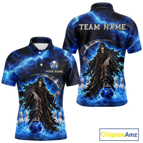 Custom Black and Blue Flame Grim Reaper Bowling Team Shirts Bowling Tournament