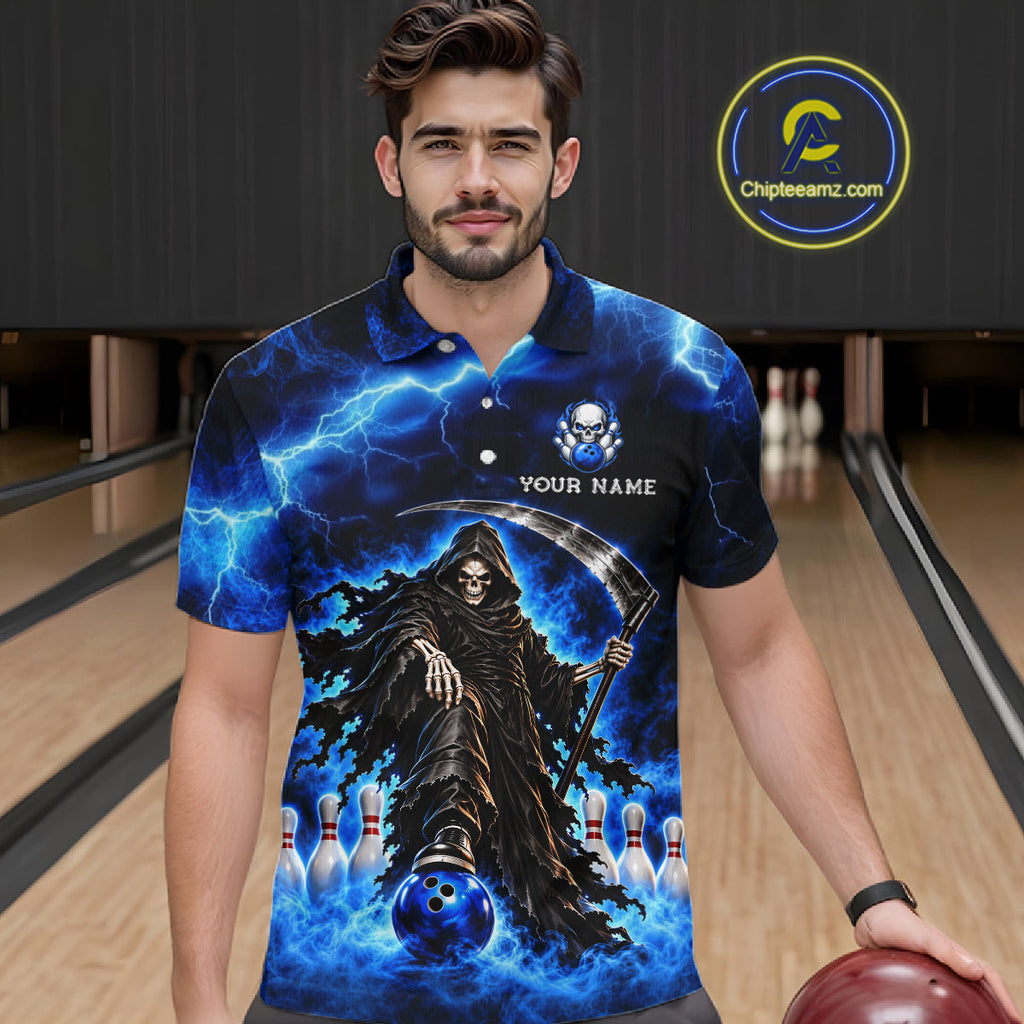 Custom Black and Blue Flame Grim Reaper Bowling Team Shirts Bowling Tournament