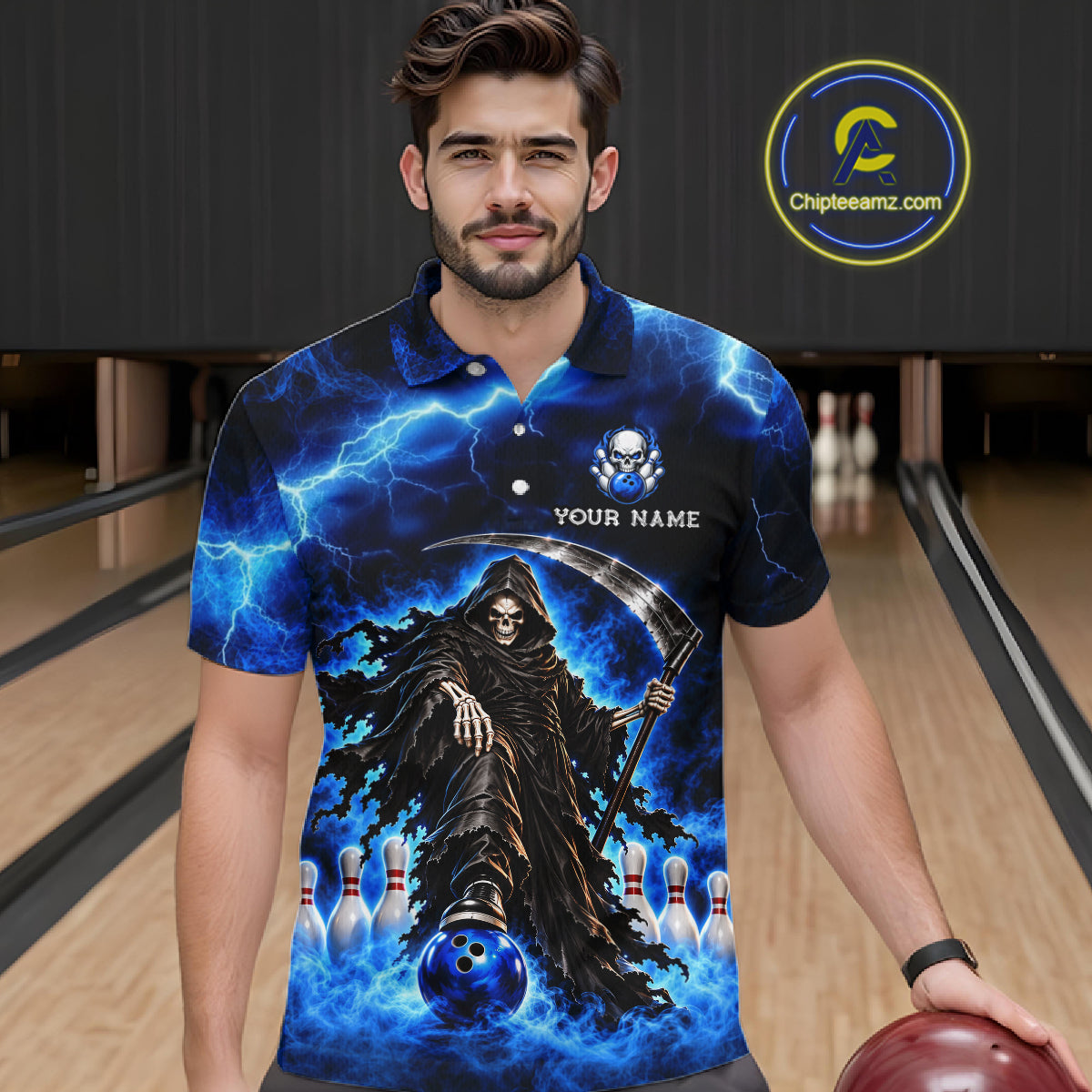 Custom Black and Blue Flame Grim Reaper Bowling Team Shirts Bowling Tournament