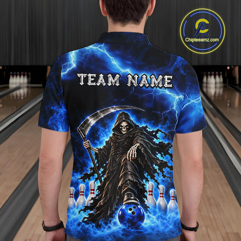 Custom Black and Blue Flame Grim Reaper Bowling Team Shirts Bowling Tournament