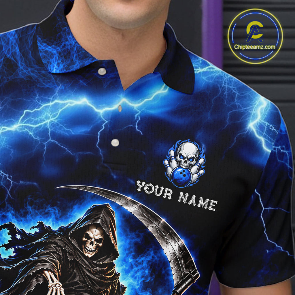 Custom Black and Blue Flame Grim Reaper Bowling Team Shirts Bowling Tournament