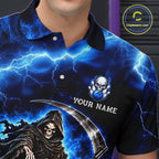 Custom Black and Blue Flame Grim Reaper Bowling Team Shirts Bowling Tournament