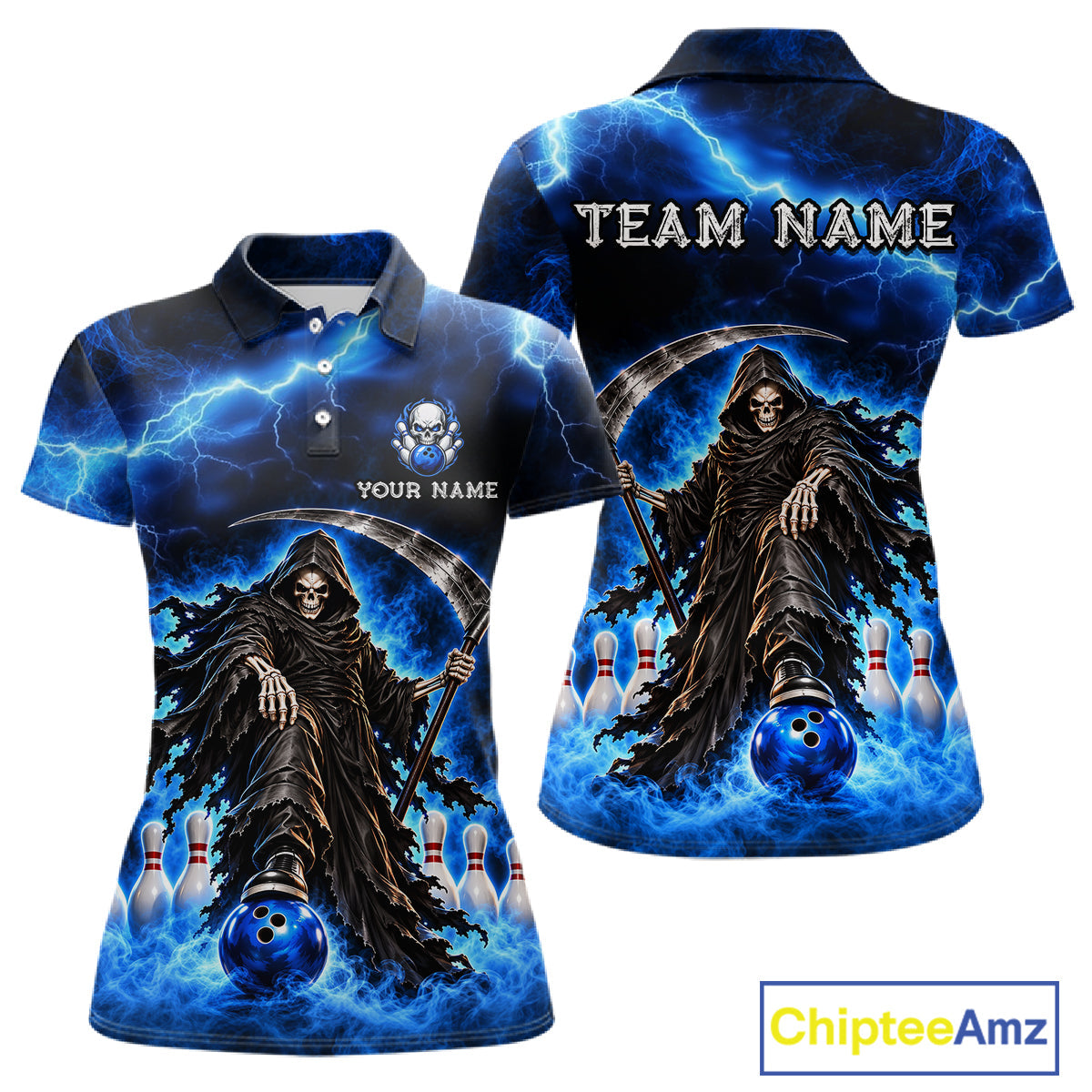 Custom Black and Blue Flame Grim Reaper Bowling Team Shirts Bowling Tournament