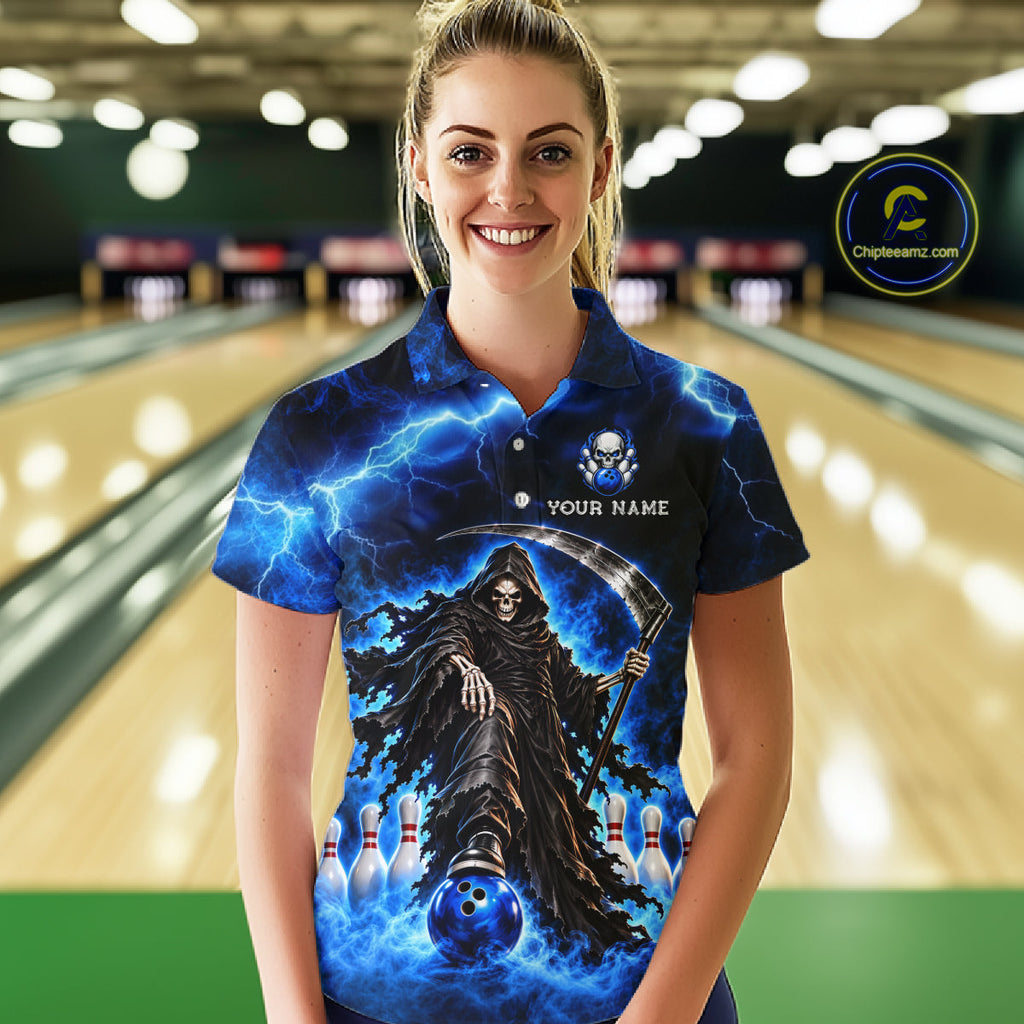 Custom Black and Blue Flame Grim Reaper Bowling Team Shirts Bowling Tournament