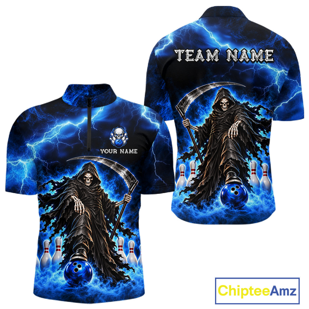 Custom Black and Blue Flame Grim Reaper Bowling Team Shirts Bowling Tournament