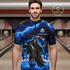 Custom Black and Blue Flame Grim Reaper Bowling Team Shirts Bowling Tournament