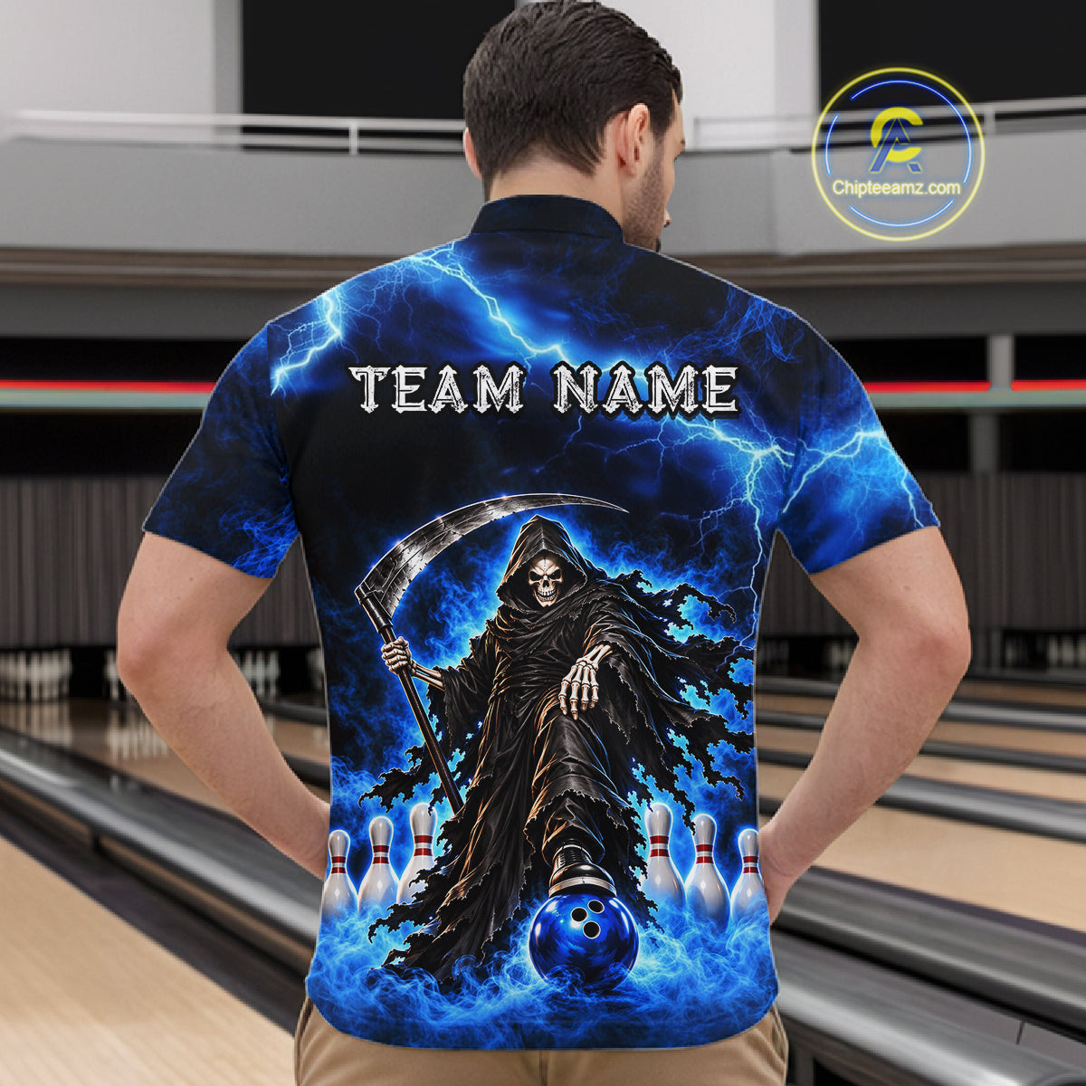 Custom Black and Blue Flame Grim Reaper Bowling Team Shirts Bowling Tournament