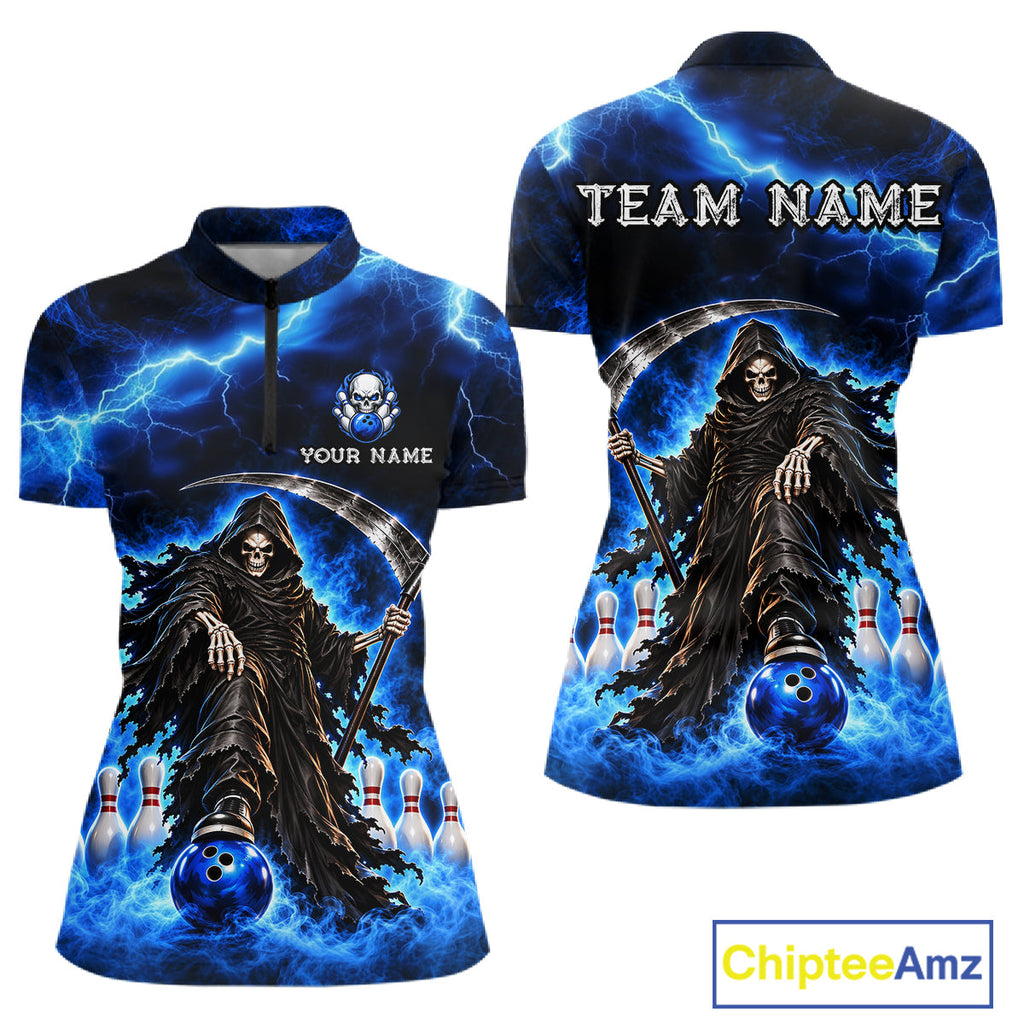 Custom Black and Blue Flame Grim Reaper Bowling Team Shirts Bowling Tournament