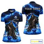 Custom Black and Blue Flame Grim Reaper Bowling Team Shirts Bowling Tournament
