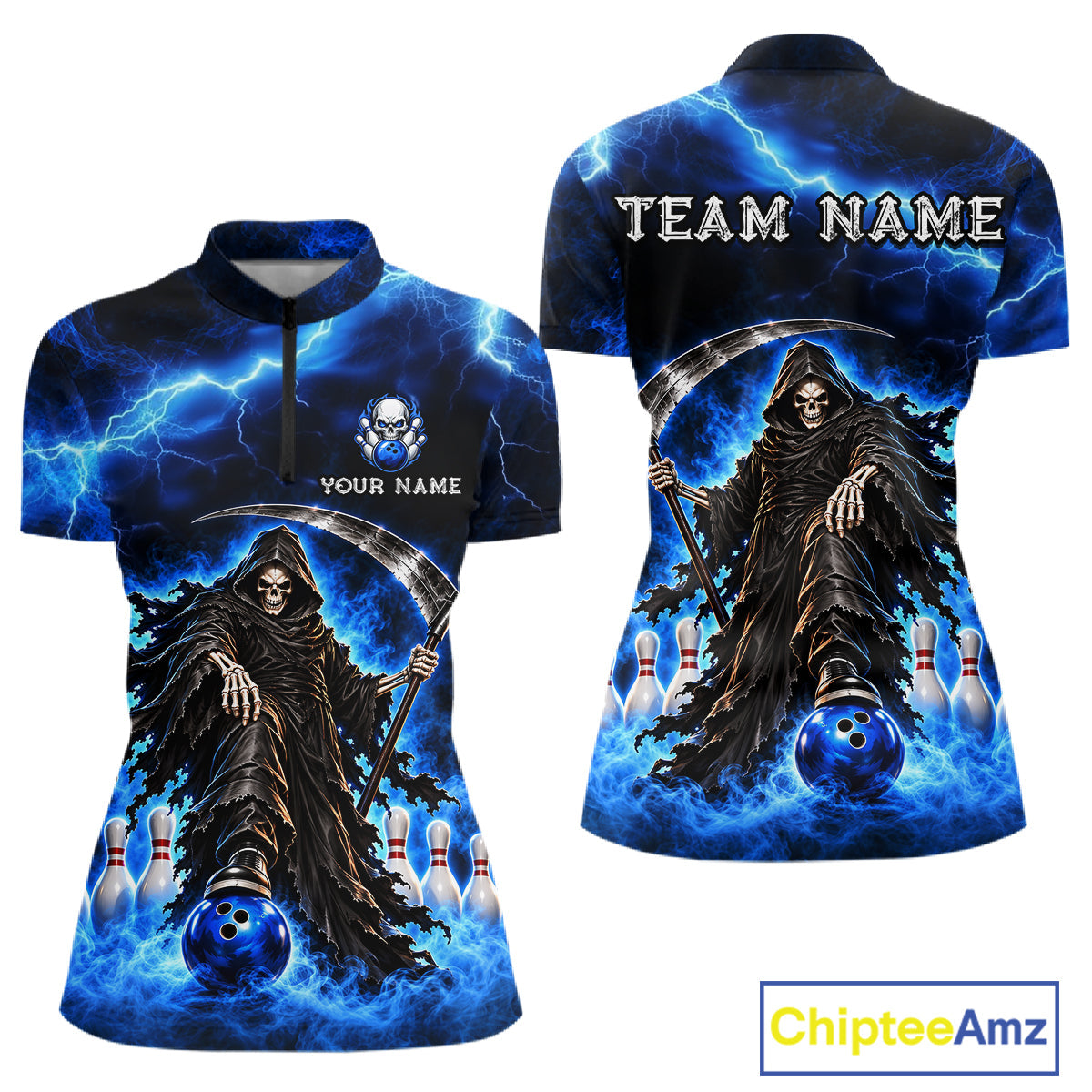 Custom Black and Blue Flame Grim Reaper Bowling Team Shirts Bowling Tournament