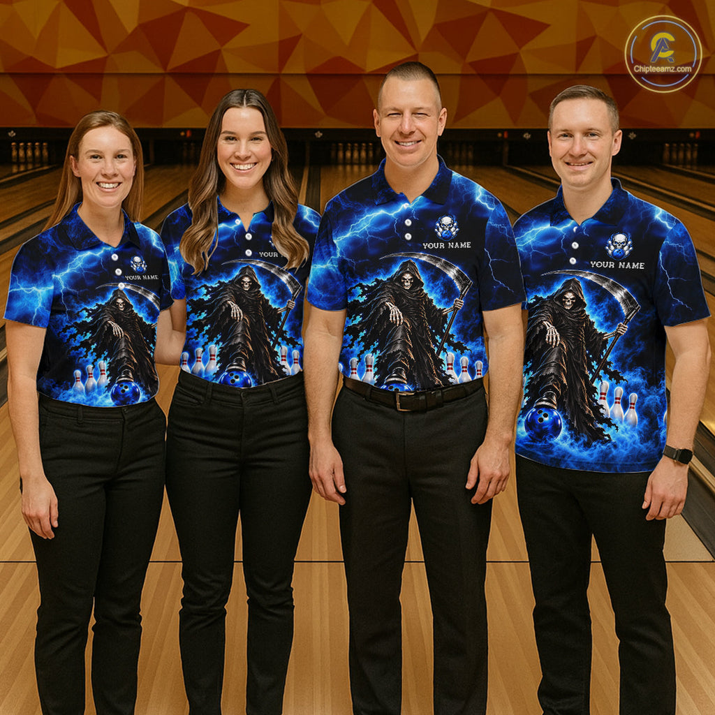 Custom Black and Blue Flame Grim Reaper Bowling Team Shirts Bowling Tournament