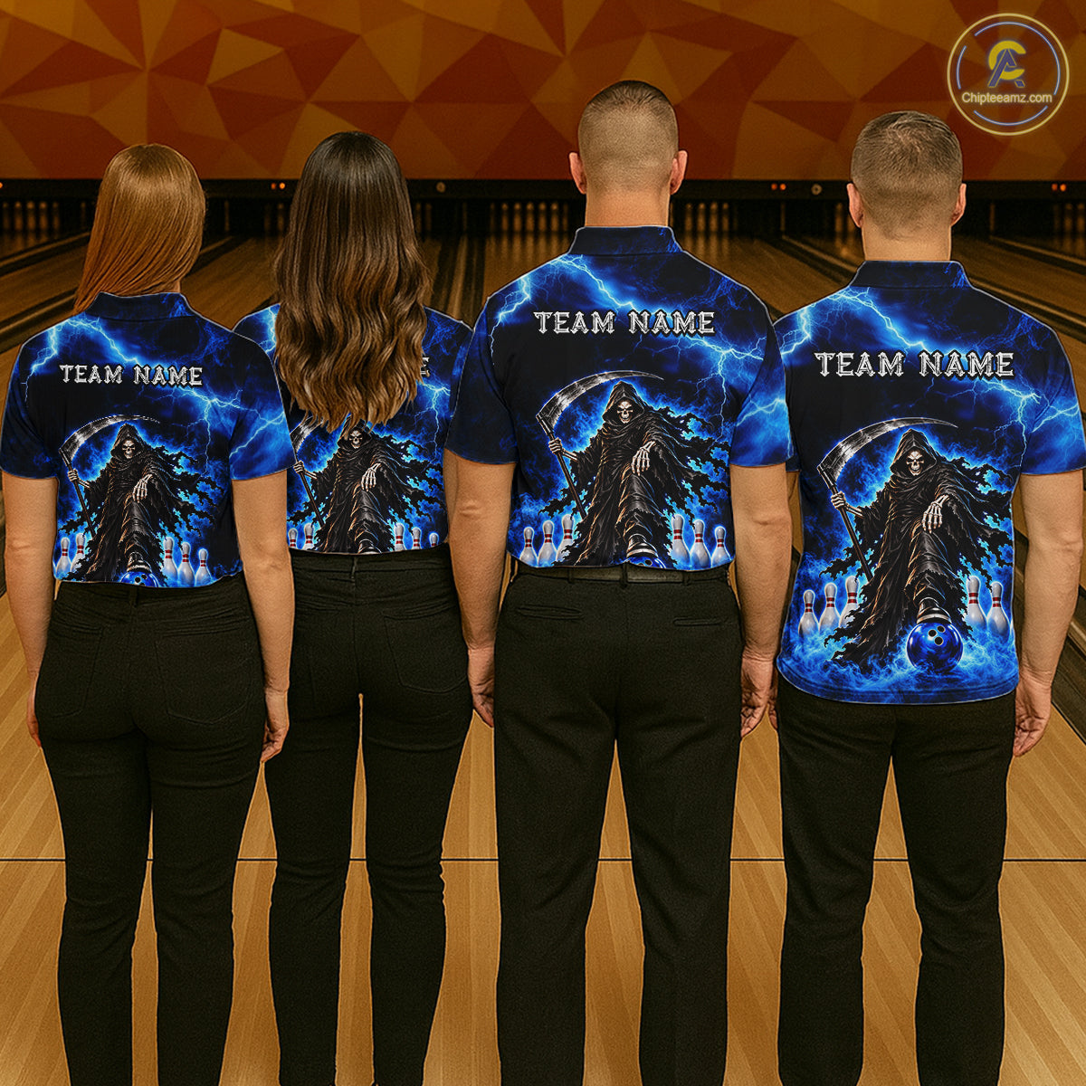Custom Black and Blue Flame Grim Reaper Bowling Team Shirts Bowling Tournament