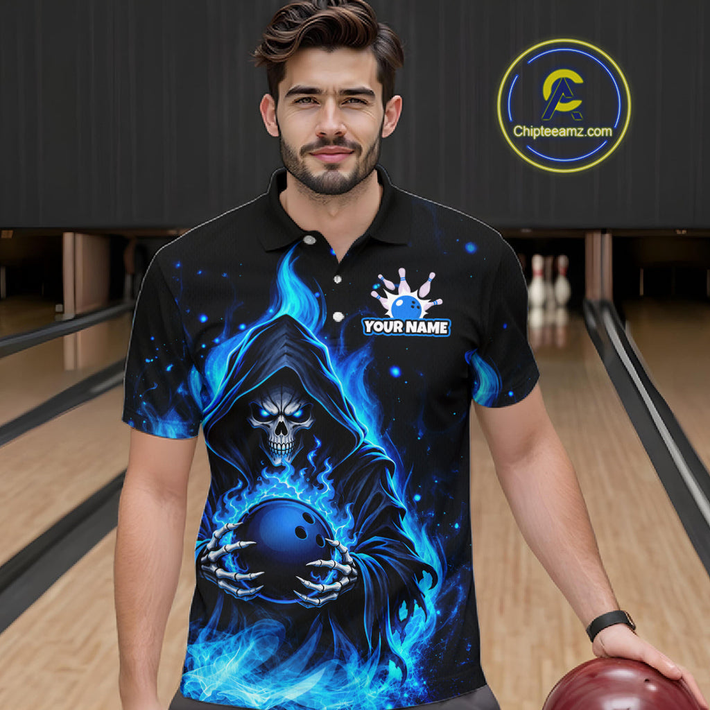Black And Blue Flame Grim Reaper Custom Skull Bowling Shirts Bowling Team Jerseys