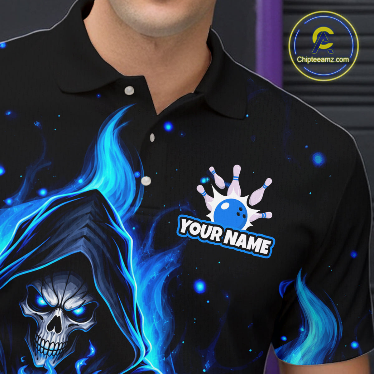 Black And Blue Flame Grim Reaper Custom Skull Bowling Shirts Bowling Team Jerseys