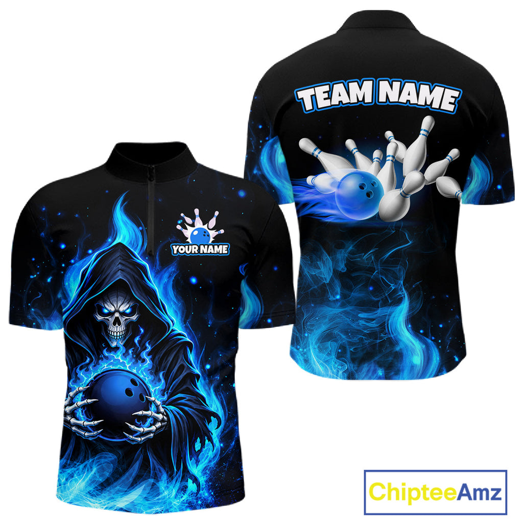 Black And Blue Flame Grim Reaper Custom Skull Bowling Shirts Bowling Team Jerseys