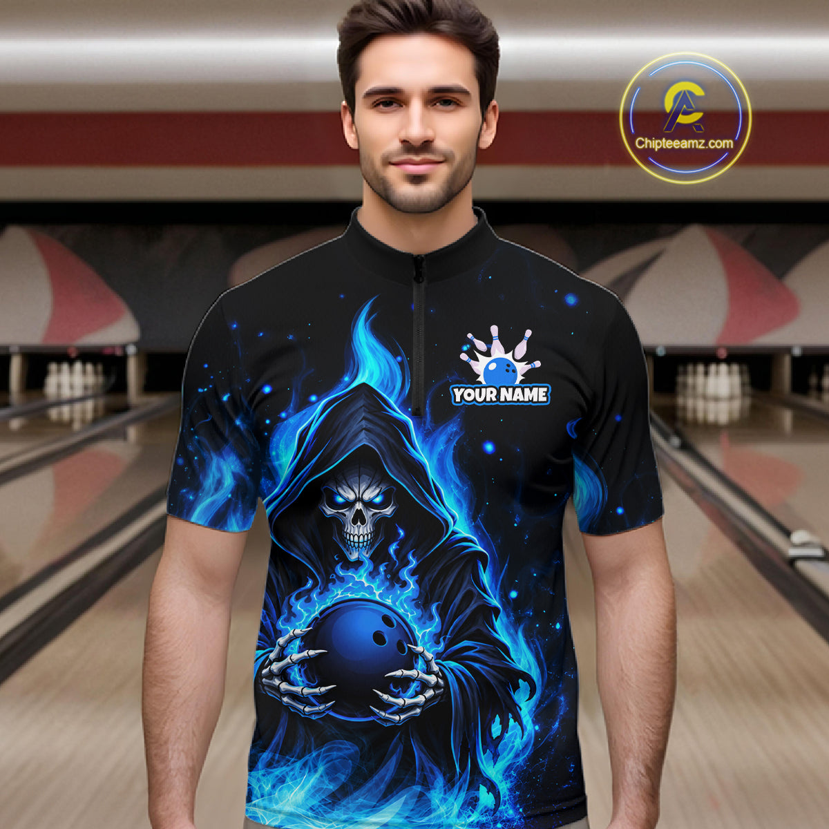 Black And Blue Flame Grim Reaper Custom Skull Bowling Shirts Bowling Team Jerseys